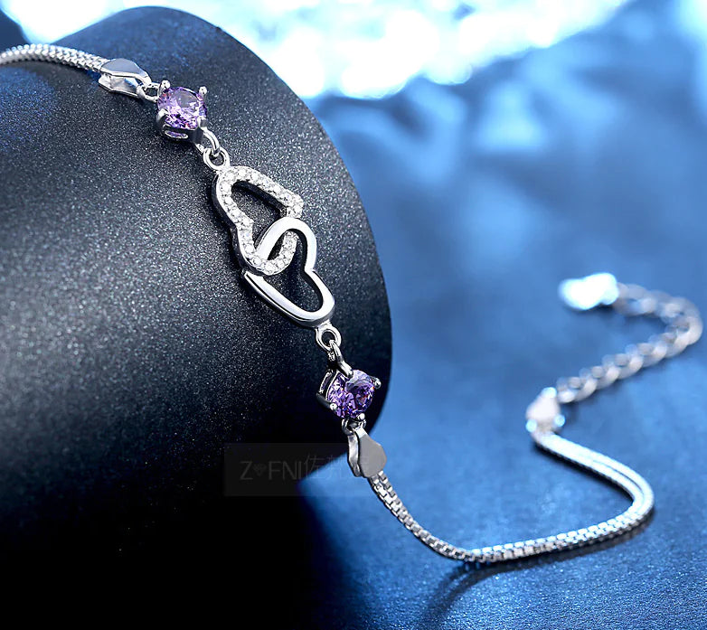 S925 Silver Amethyst Bracelet with Hearts
