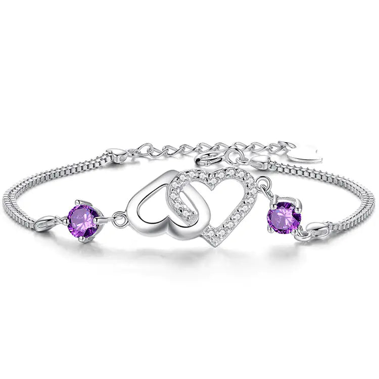 S925 Silver Amethyst Bracelet with Hearts