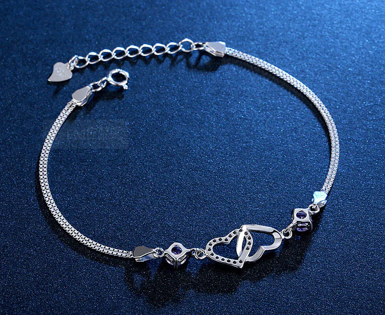 S925 Silver Amethyst Bracelet with Hearts