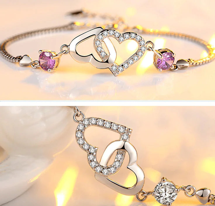 S925 Silver Amethyst Bracelet with Hearts