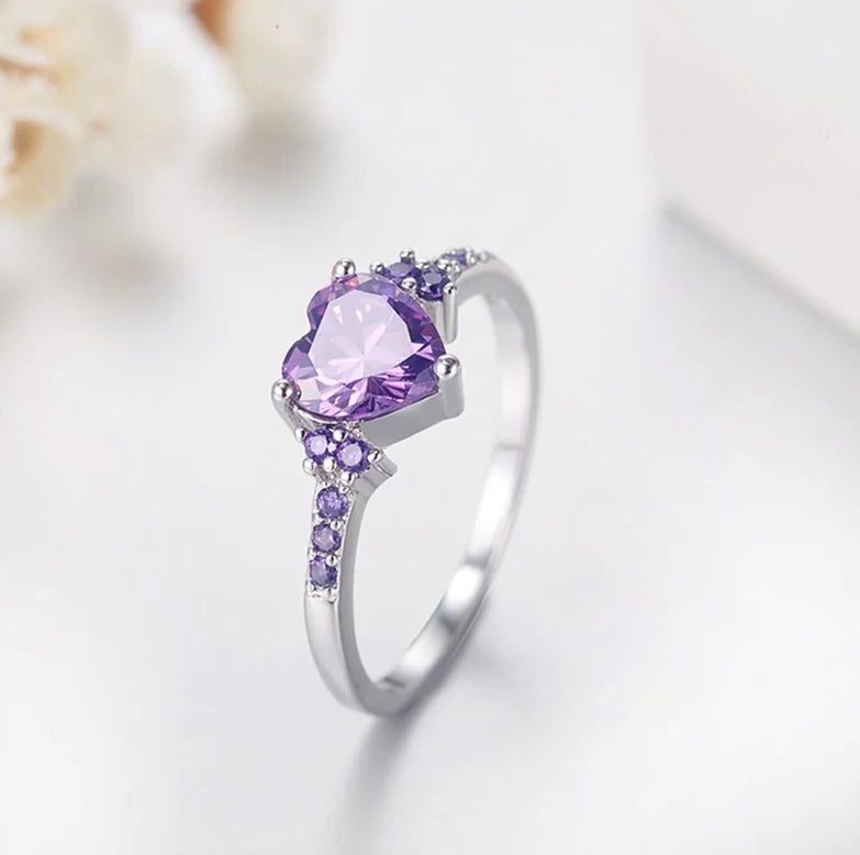 Amethyst Heart-Shaped Ring with Natural Zircon