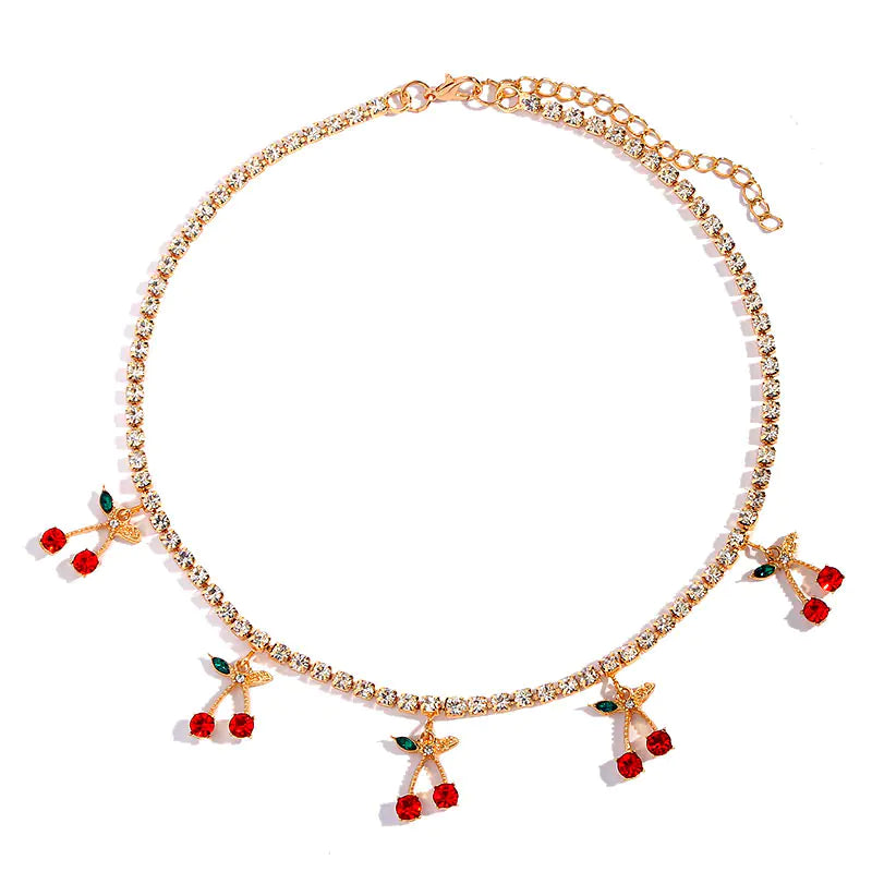 Cherry Pendant Necklace with Rhinestones and Diamonds