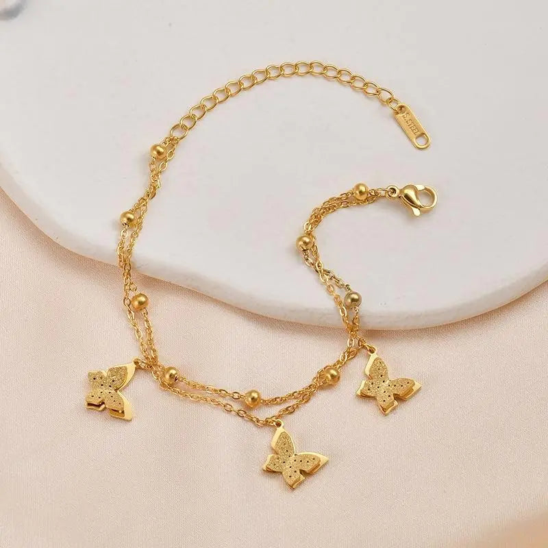 14K Gold Titanium Steel Butterfly Beaded Bracelet