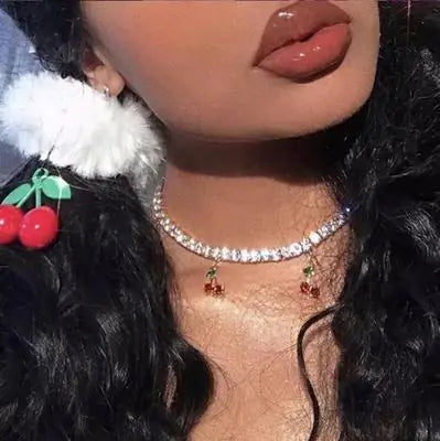 Cherry Pendant Necklace with Rhinestones and Diamonds