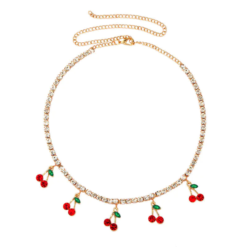 Cherry Pendant Necklace with Rhinestones and Diamonds