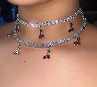 Cherry Pendant Necklace with Rhinestones and Diamonds